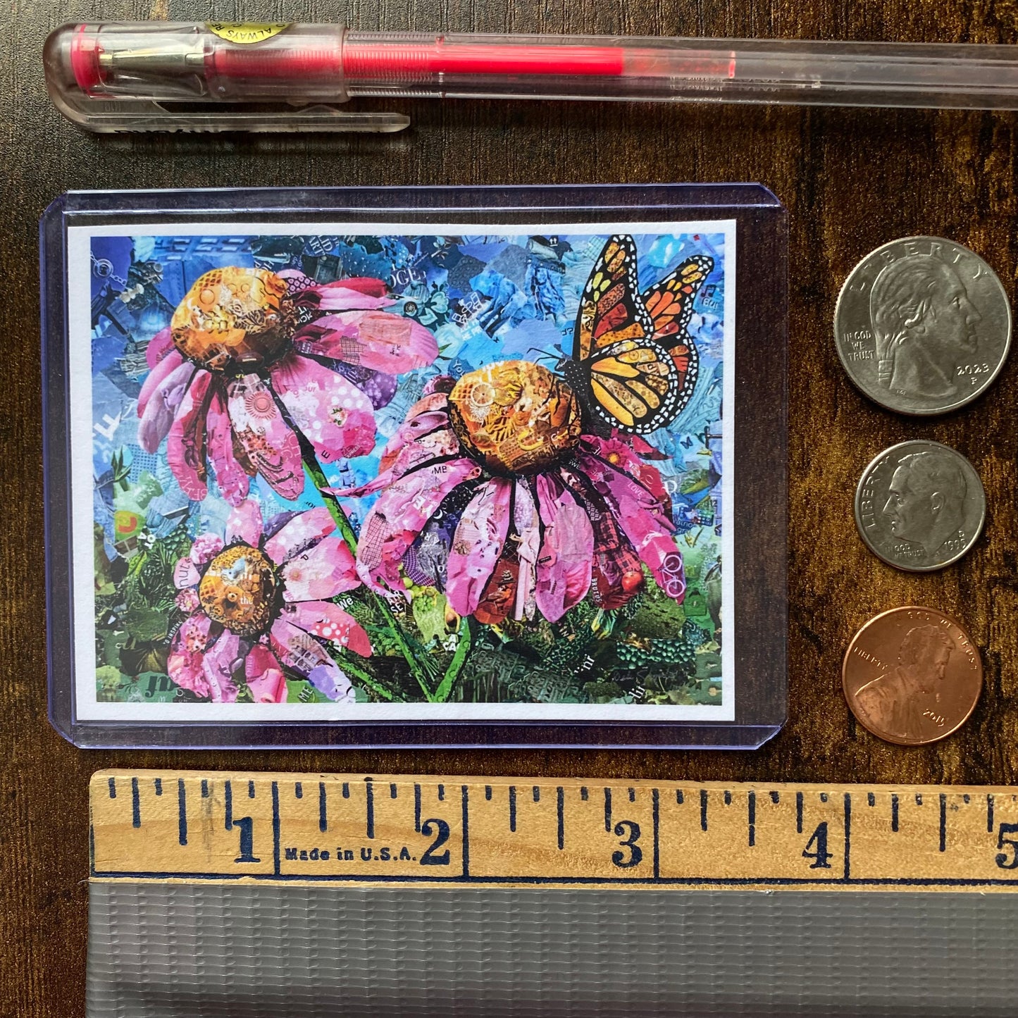 ACEO Pink Coneflower Butterfly Collage Giclee Print Collectible Miniature Art Card Gift