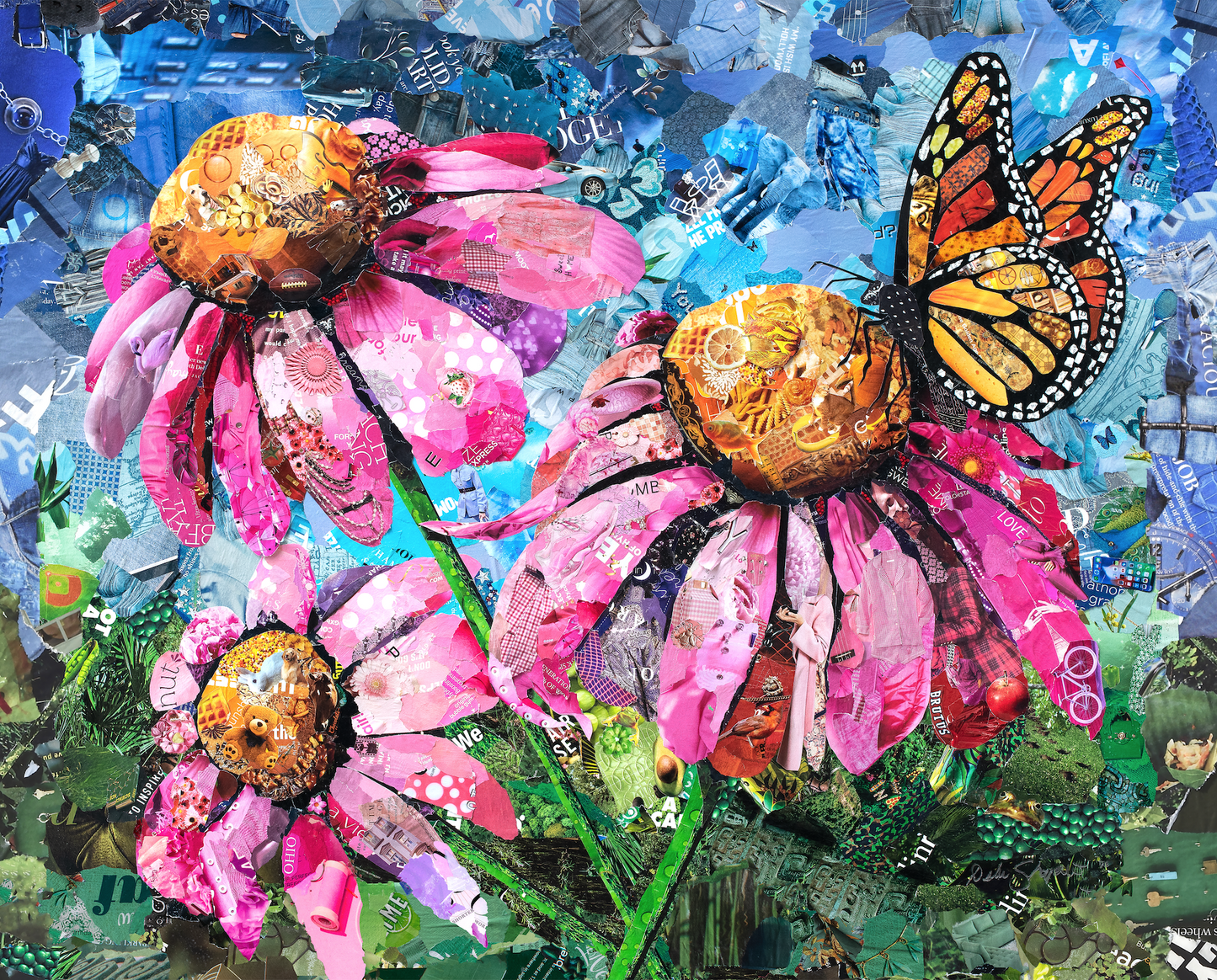 ACEO Pink Coneflower Butterfly Collage Giclee Print Collectible Miniature Art Card Gift