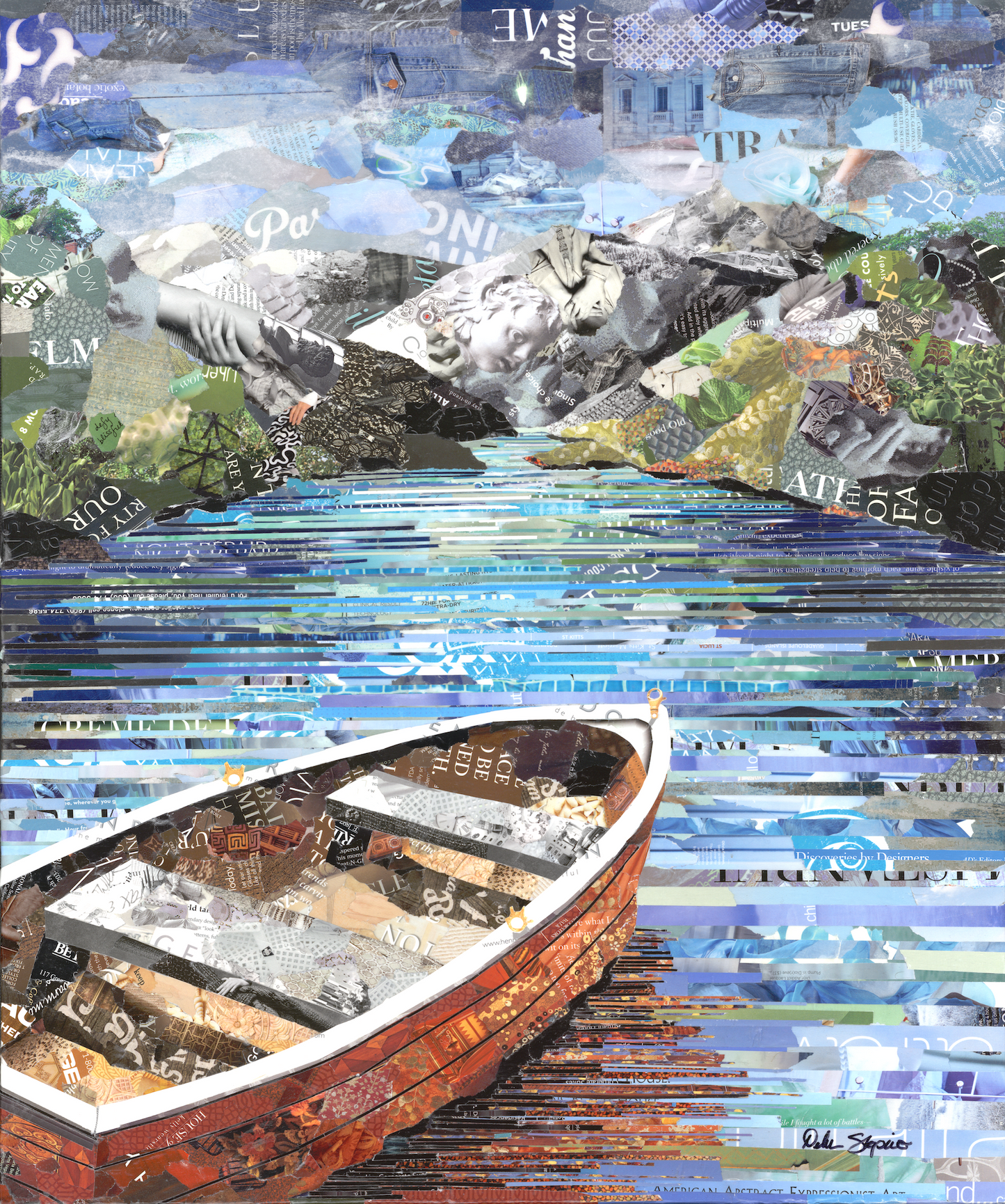 ACEO Row Boat on Lake Collage Giclee Print Collectible Miniature Art Card