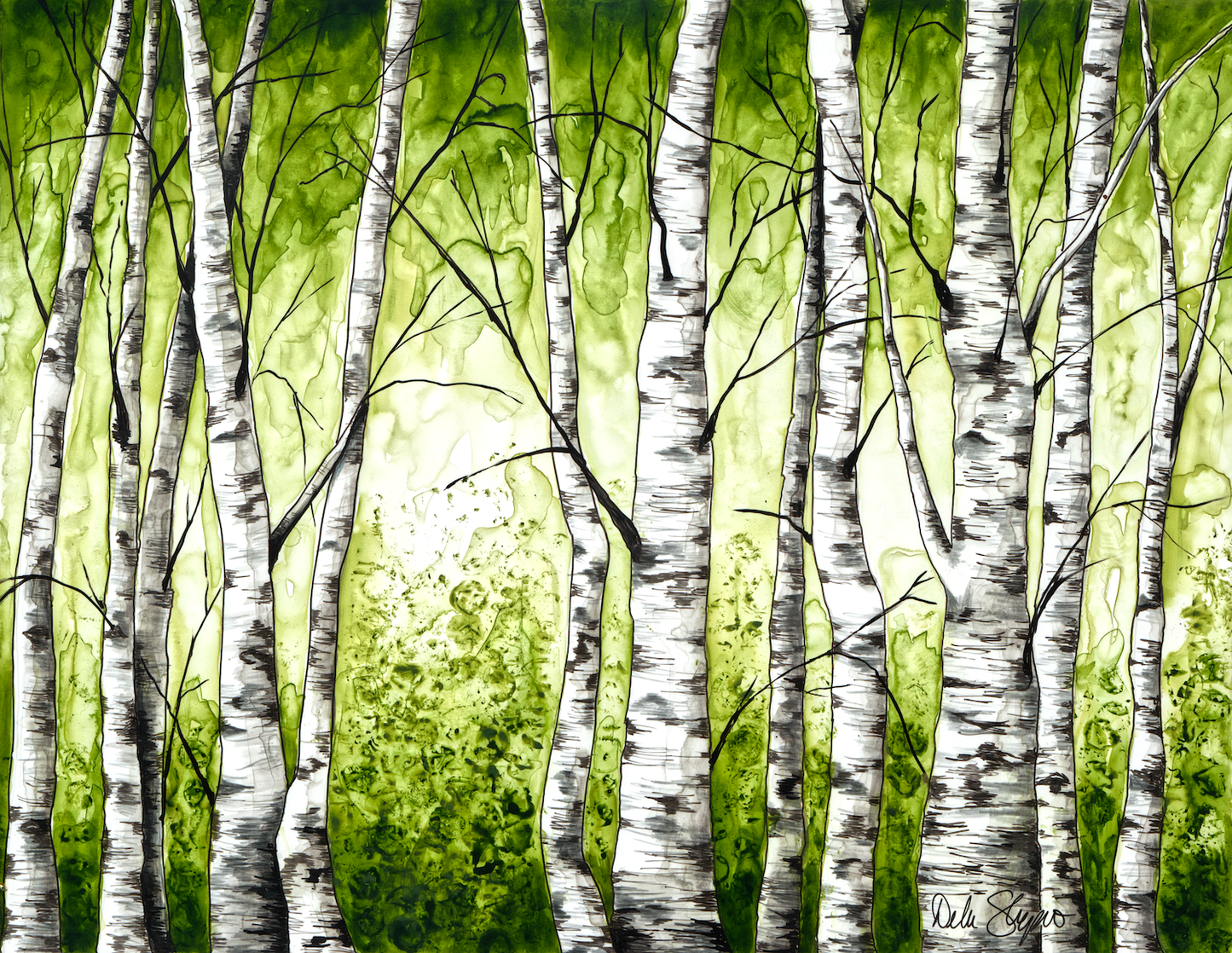 ACEO Birch Trees Giclee Print Ink Painting Collectible Miniature Art Card