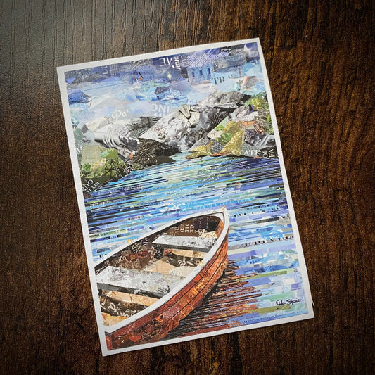 ACEO Row Boat on Lake Collage Giclee Print Collectible Miniature Art Card