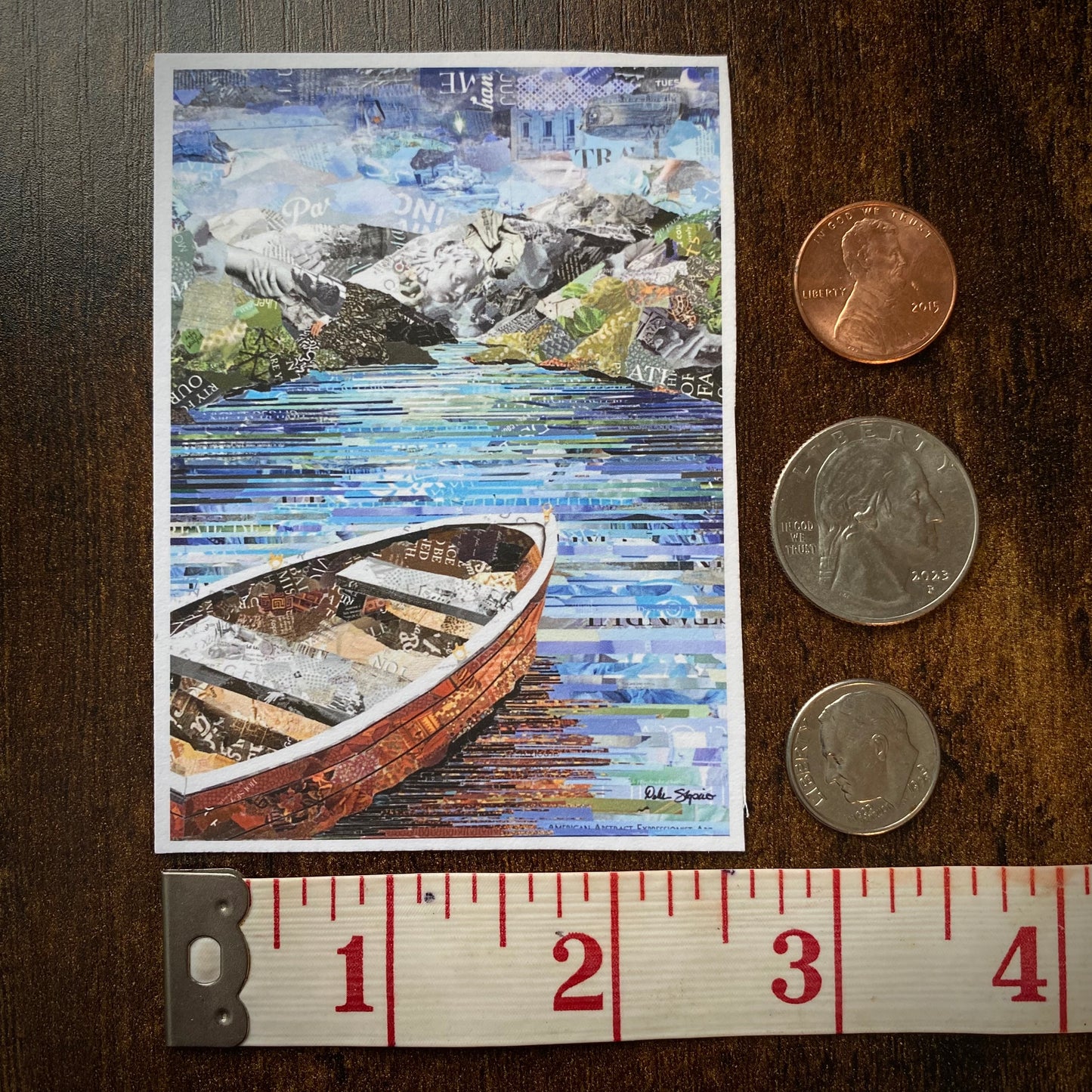 ACEO Row Boat on Lake Collage Giclee Print Collectible Miniature Art Card